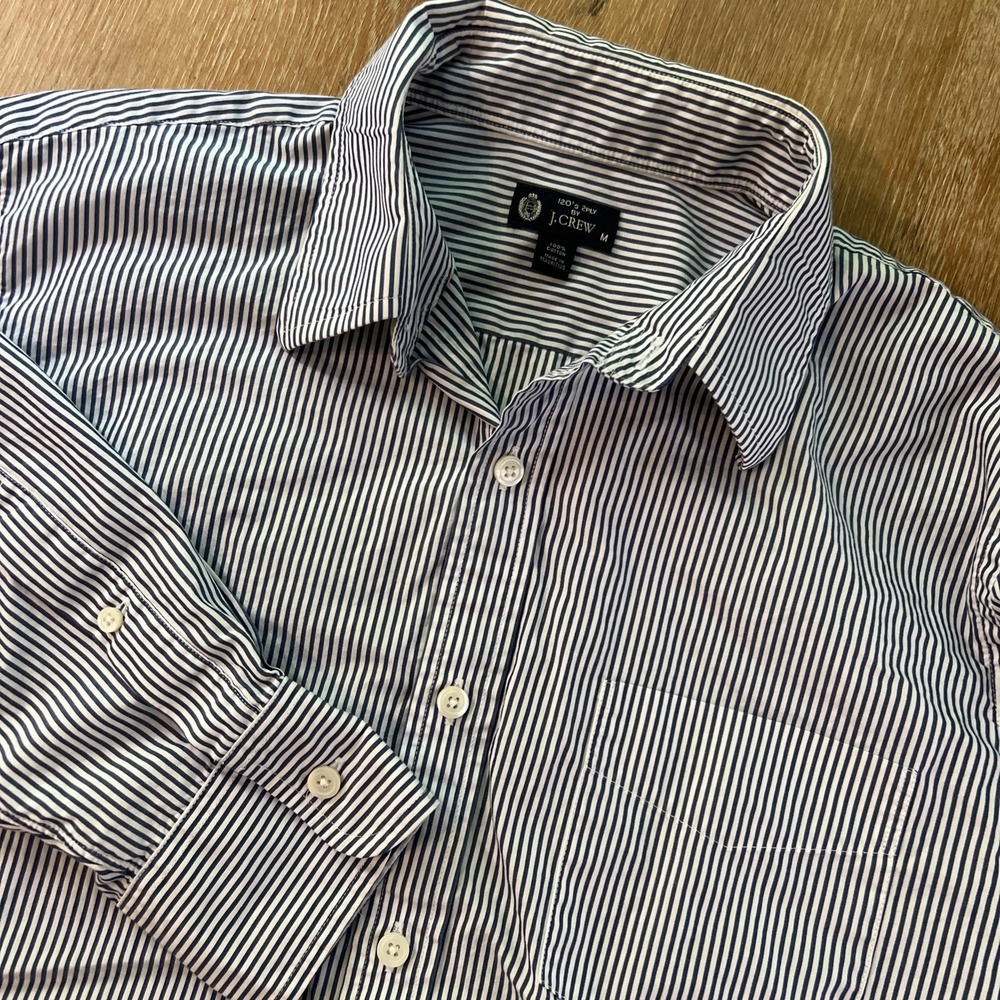 J Crew Men's Shirt Medium 120's 2 Ply 100% Cotton Blue White Striped Long Sleeve